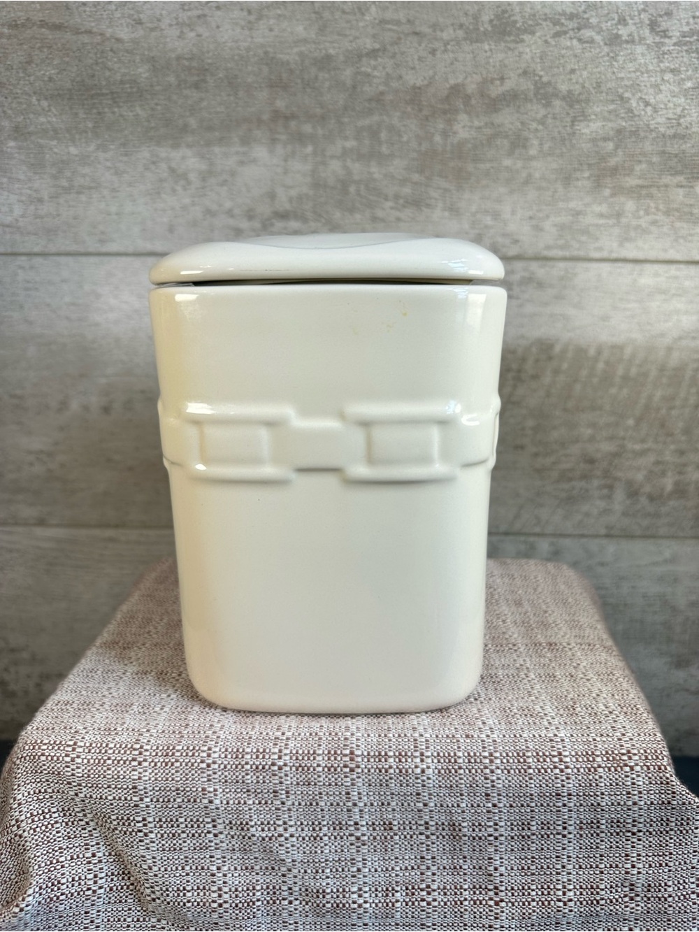 Longaberger Small Woven Traditions Square Canister Ivory Pottery with Lid